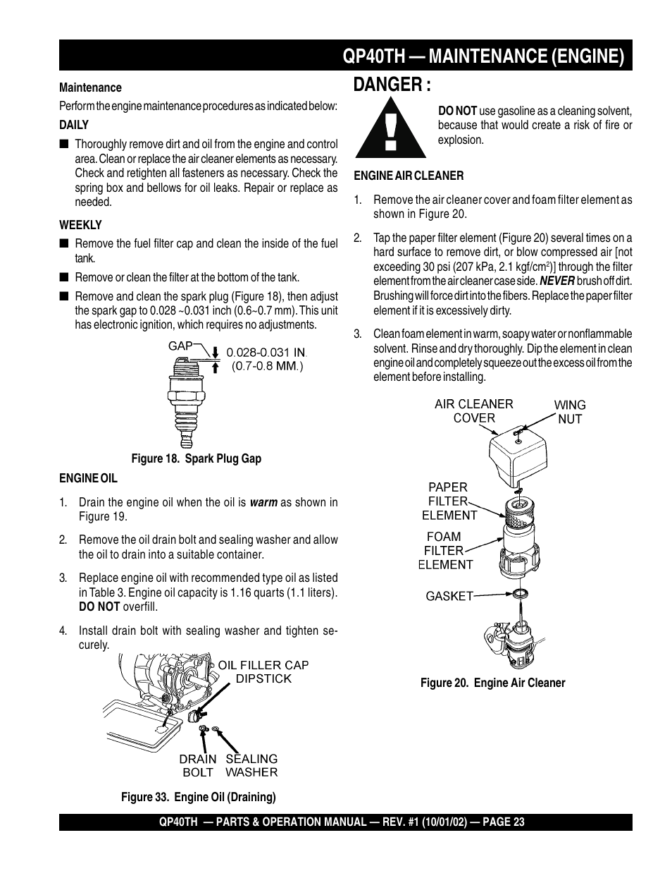 Danger, Qp40th — maintenance (engine) | Multiquip GAS POWERED TRASH PUMP QP40TH User Manual | Page 23 / 70
