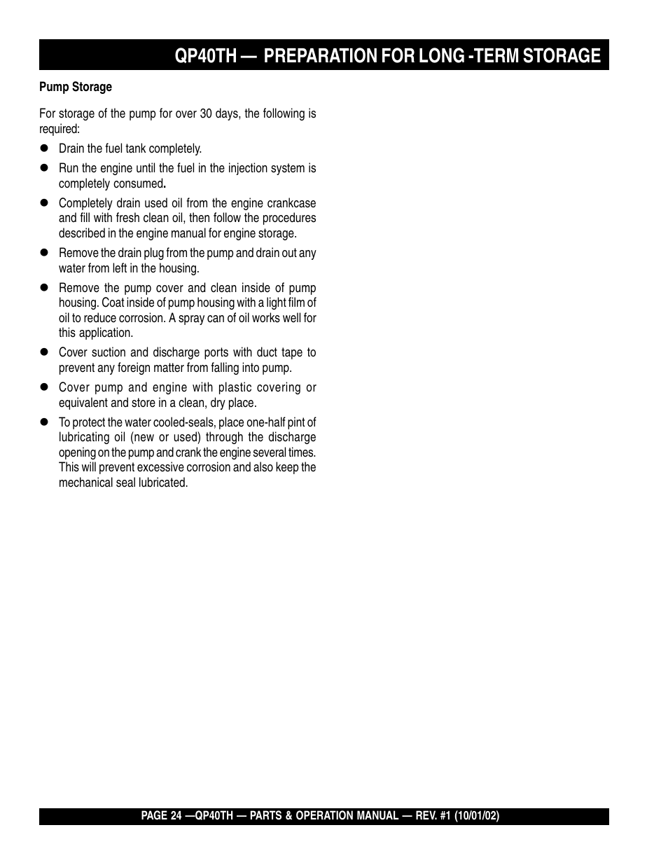 Qp40th — preparation for long -term storage | Multiquip GAS POWERED TRASH PUMP QP40TH User Manual | Page 24 / 70