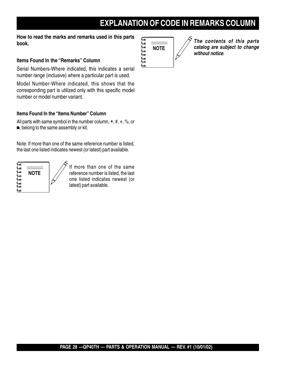 Explanation of code in remarks column | Multiquip GAS POWERED TRASH PUMP QP40TH User Manual | Page 28 / 70