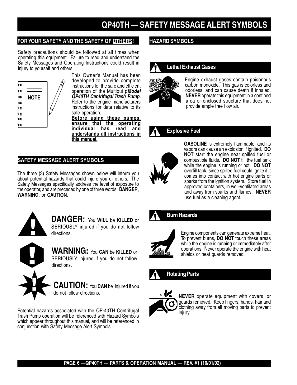 Qp40th — safety message alert symbols, Danger, Warning | Caution | Multiquip GAS POWERED TRASH PUMP QP40TH User Manual | Page 6 / 70