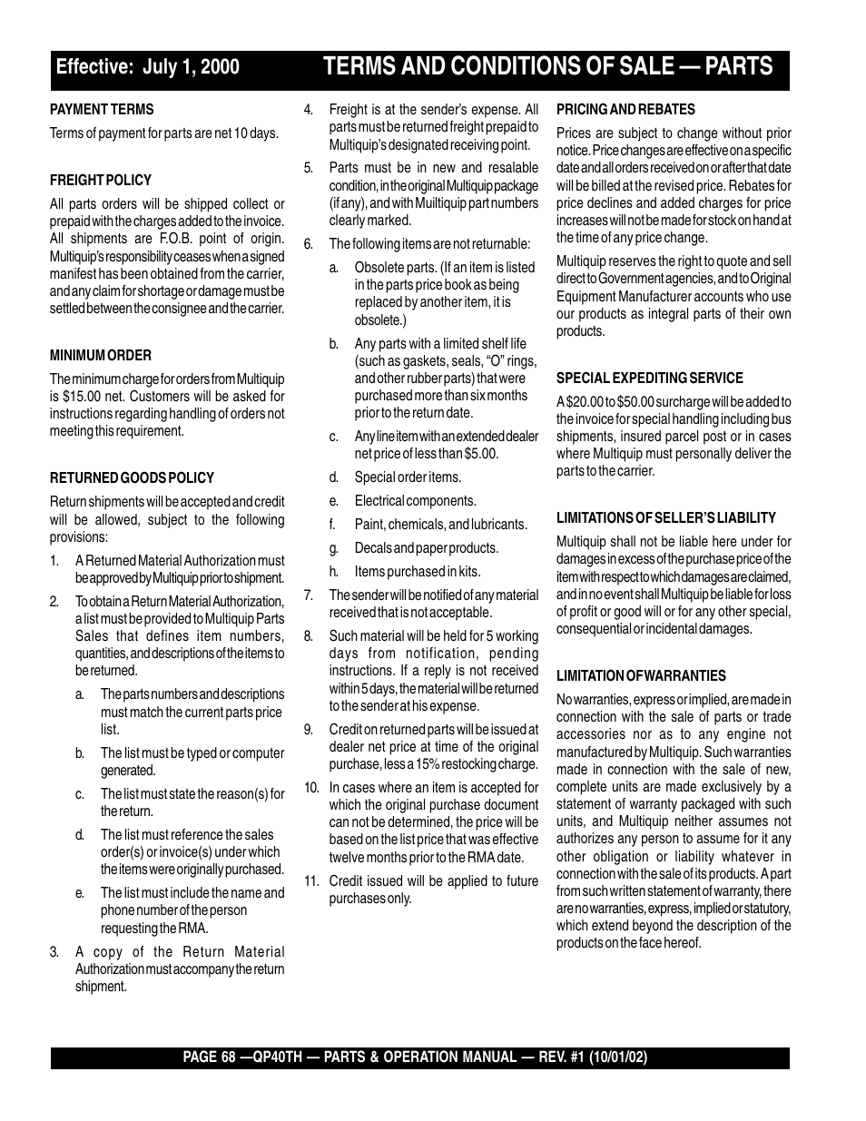 Terms and conditions of sale — parts | Multiquip GAS POWERED TRASH PUMP QP40TH User Manual | Page 68 / 70