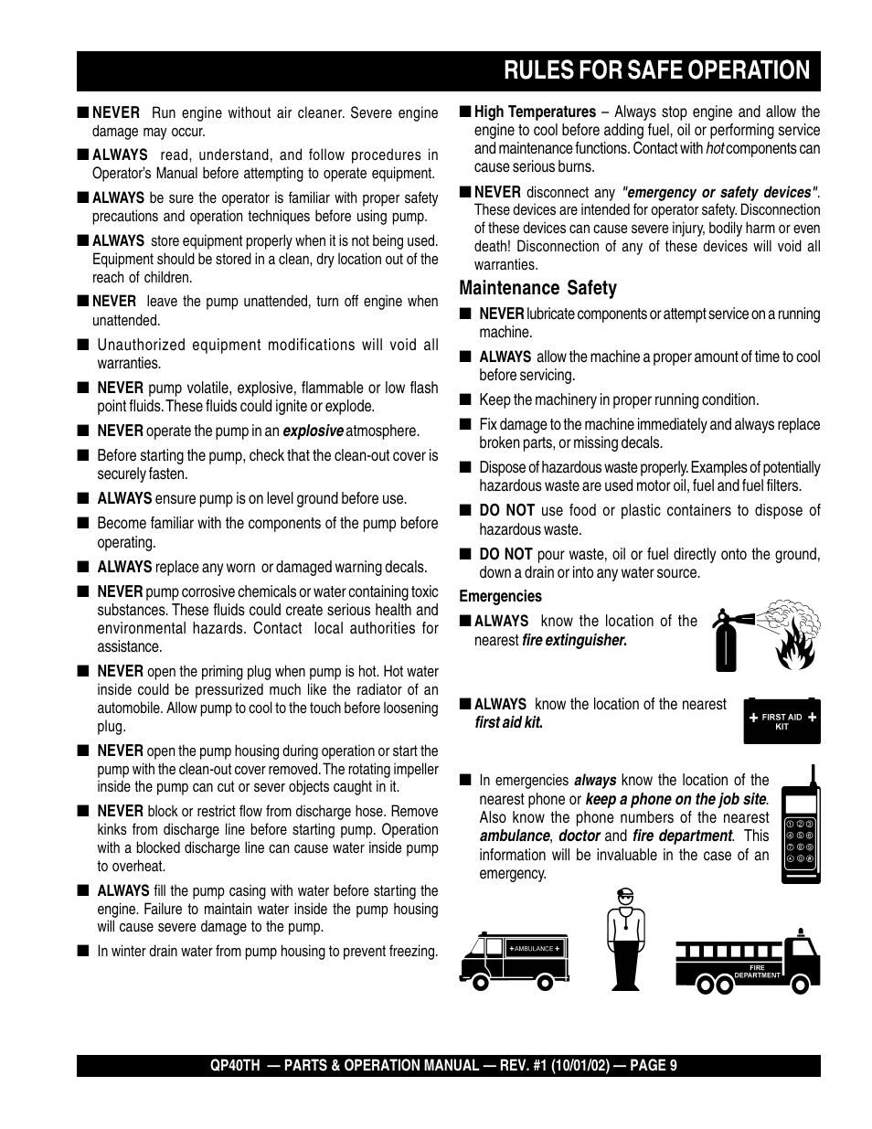 Rules for safe operation, Maintenance safety | Multiquip GAS POWERED TRASH PUMP QP40TH User Manual | Page 9 / 70