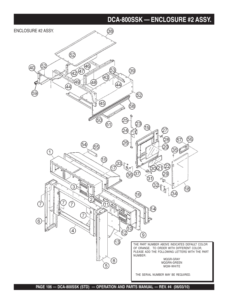 Dca-800ssk — enclosure #2 assy | Multiquip Portabel Generator (Standard) DCA-800SSK User Manual | Page 106 / 120