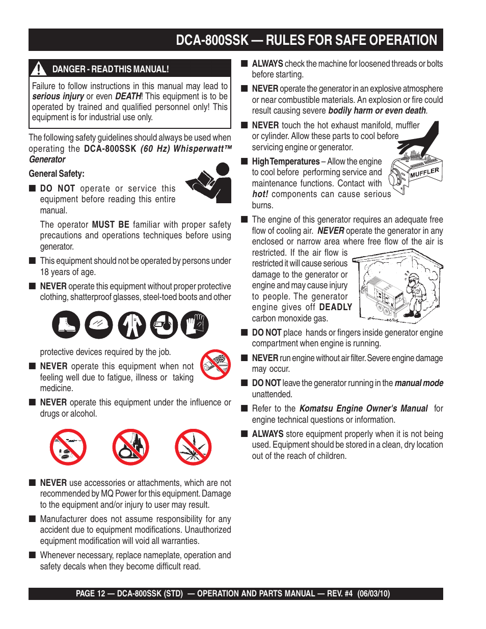 Dca-800ssk — rules for safe operation | Multiquip Portabel Generator (Standard) DCA-800SSK User Manual | Page 12 / 120