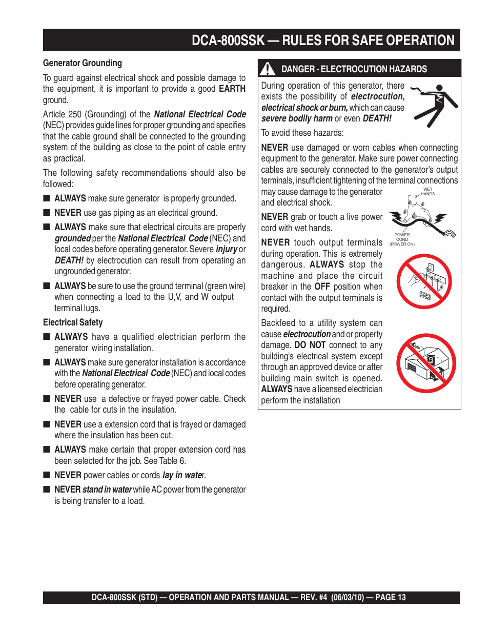 Dca-800ssk — rules for safe operation | Multiquip Portabel Generator (Standard) DCA-800SSK User Manual | Page 13 / 120