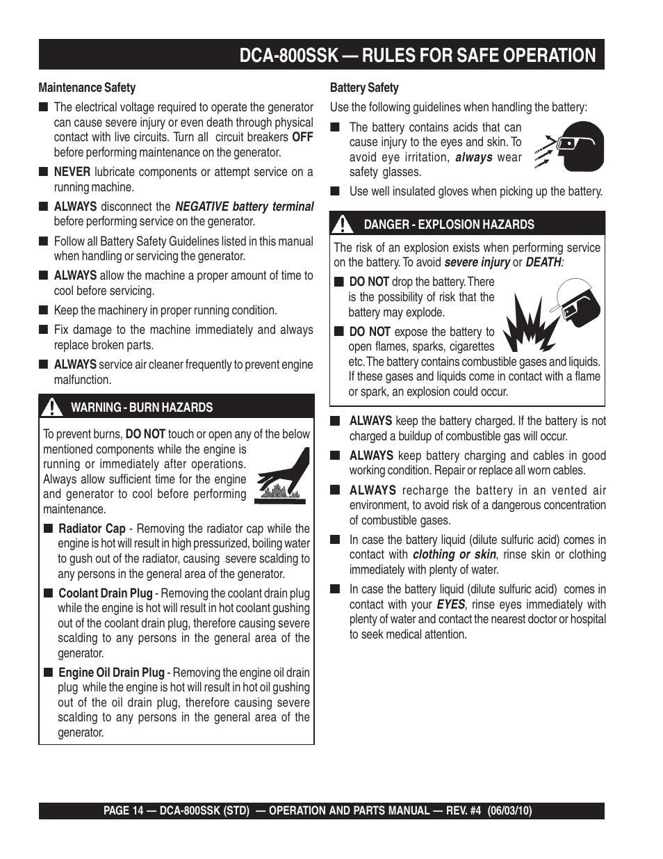 Dca-800ssk — rules for safe operation | Multiquip Portabel Generator (Standard) DCA-800SSK User Manual | Page 14 / 120