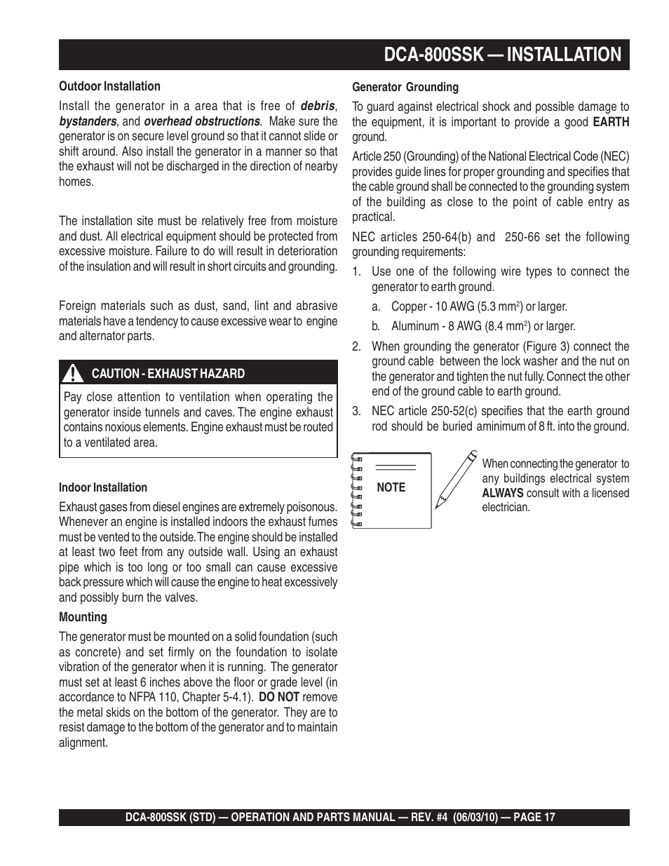 Dca-800ssk — installation | Multiquip Portabel Generator (Standard) DCA-800SSK User Manual | Page 17 / 120