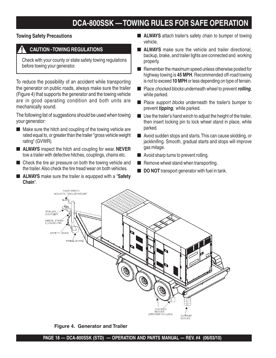 Dca-800ssk — towing rules for safe operation | Multiquip Portabel Generator (Standard) DCA-800SSK User Manual | Page 18 / 120