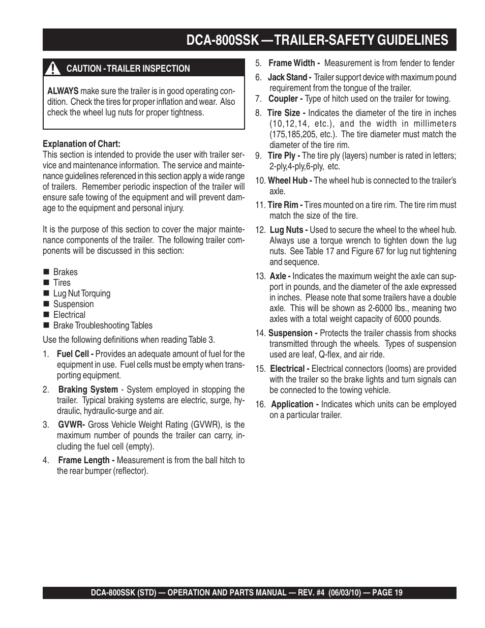 Dca-800ssk — trailer-safety guidelines | Multiquip Portabel Generator (Standard) DCA-800SSK User Manual | Page 19 / 120