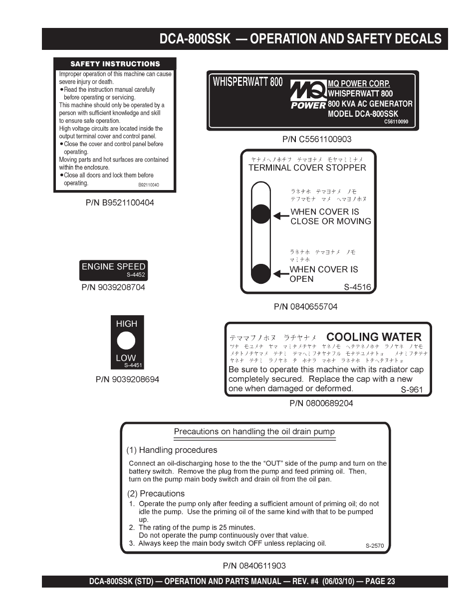 Dca-800ssk — operation and safety decals | Multiquip Portabel Generator (Standard) DCA-800SSK User Manual | Page 23 / 120