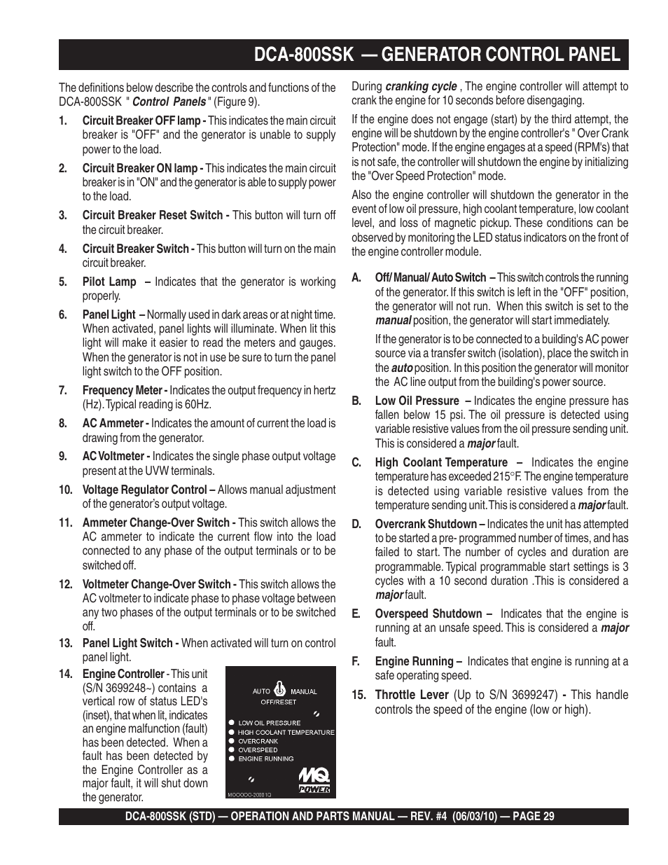 Dca-800ssk — generator control panel | Multiquip Portabel Generator (Standard) DCA-800SSK User Manual | Page 29 / 120