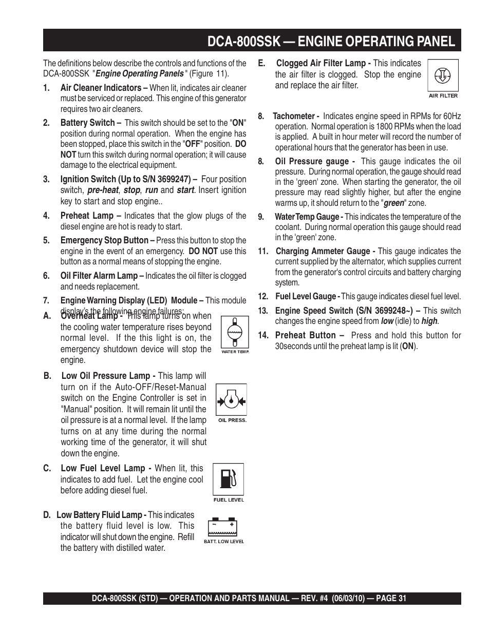 Dca-800ssk — engine operating panel | Multiquip Portabel Generator (Standard) DCA-800SSK User Manual | Page 31 / 120