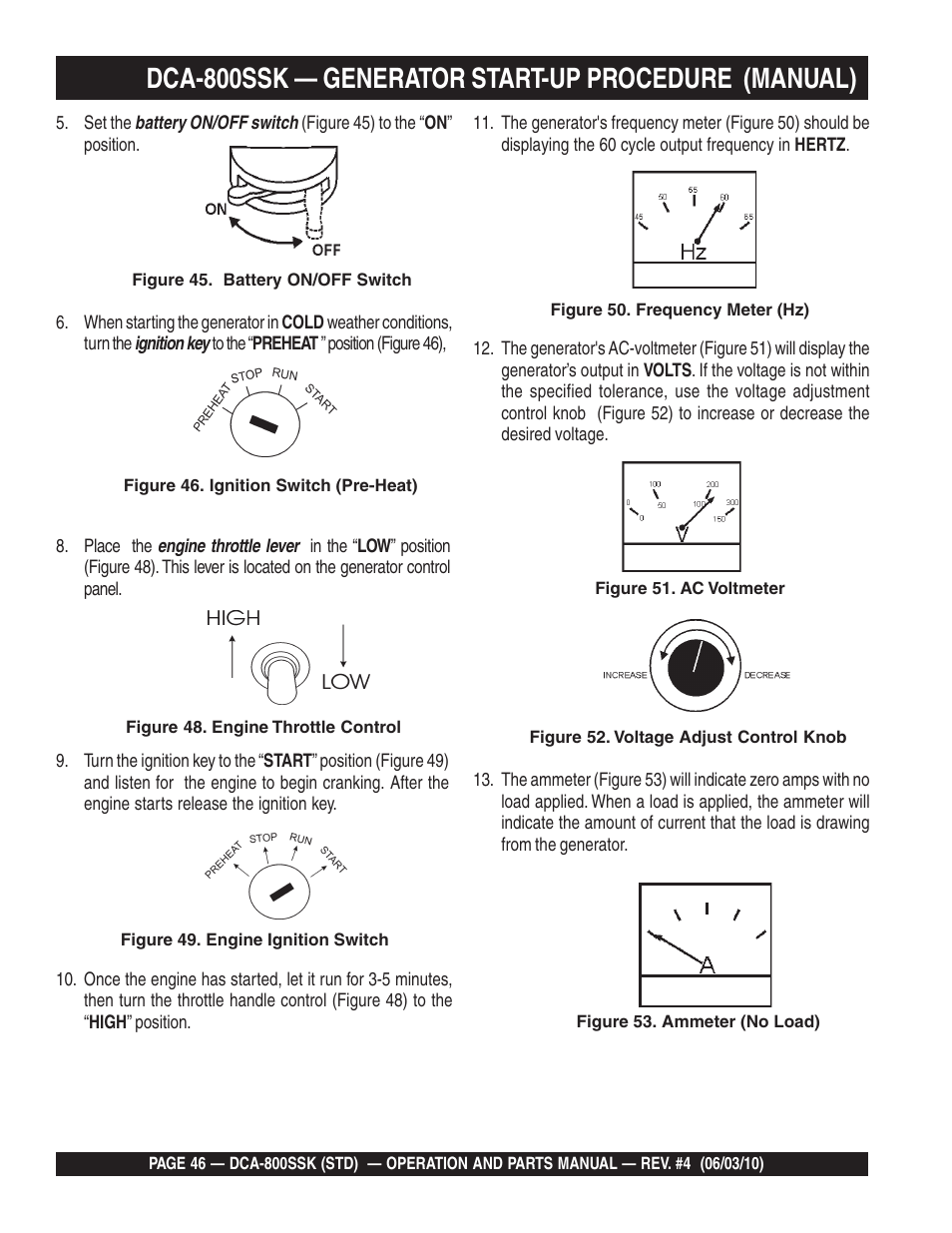 Dca-800ssk — generator start-up procedure (manual) | Multiquip Portabel Generator (Standard) DCA-800SSK User Manual | Page 46 / 120