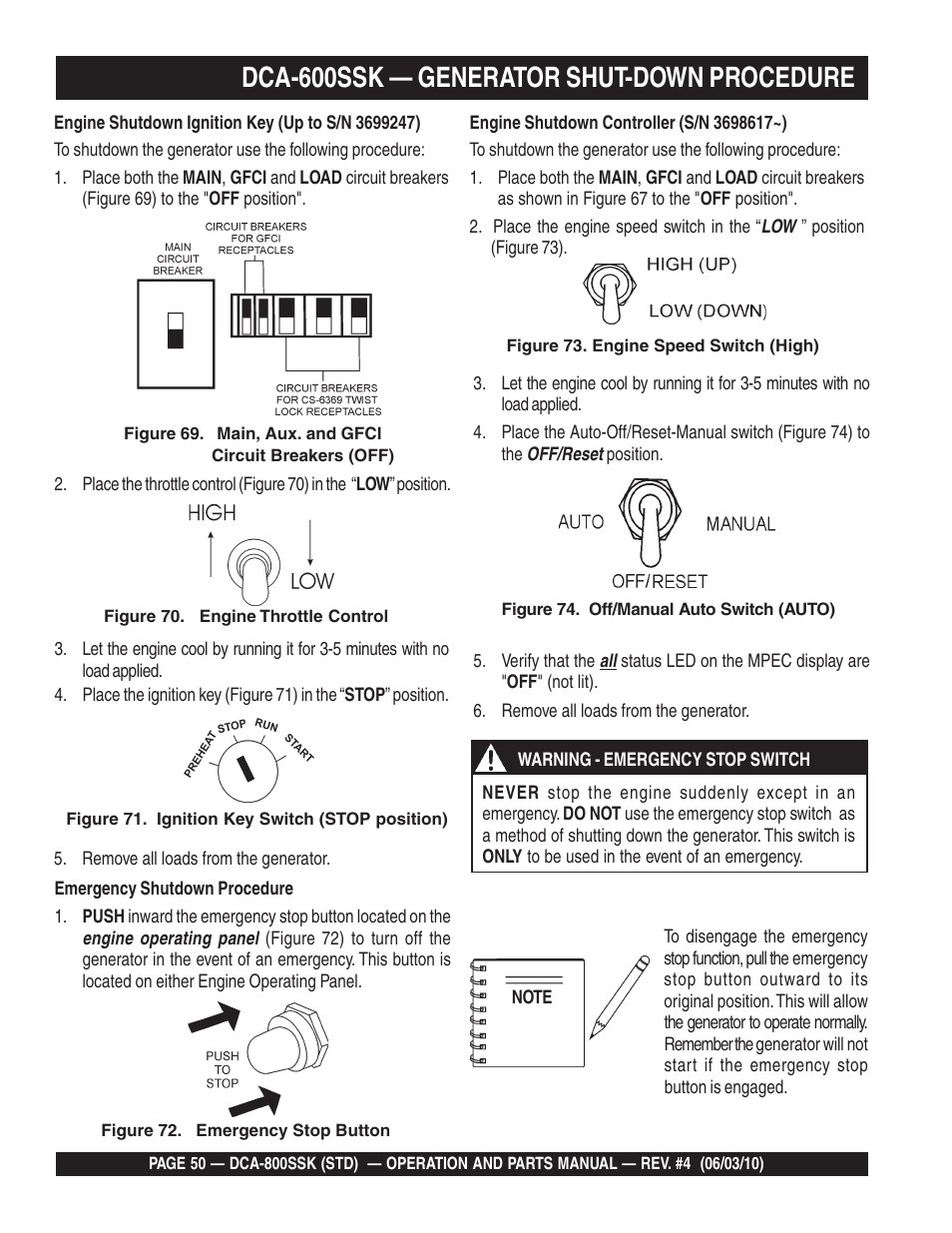 Dca-600ssk — generator shut-down procedure | Multiquip Portabel Generator (Standard) DCA-800SSK User Manual | Page 50 / 120