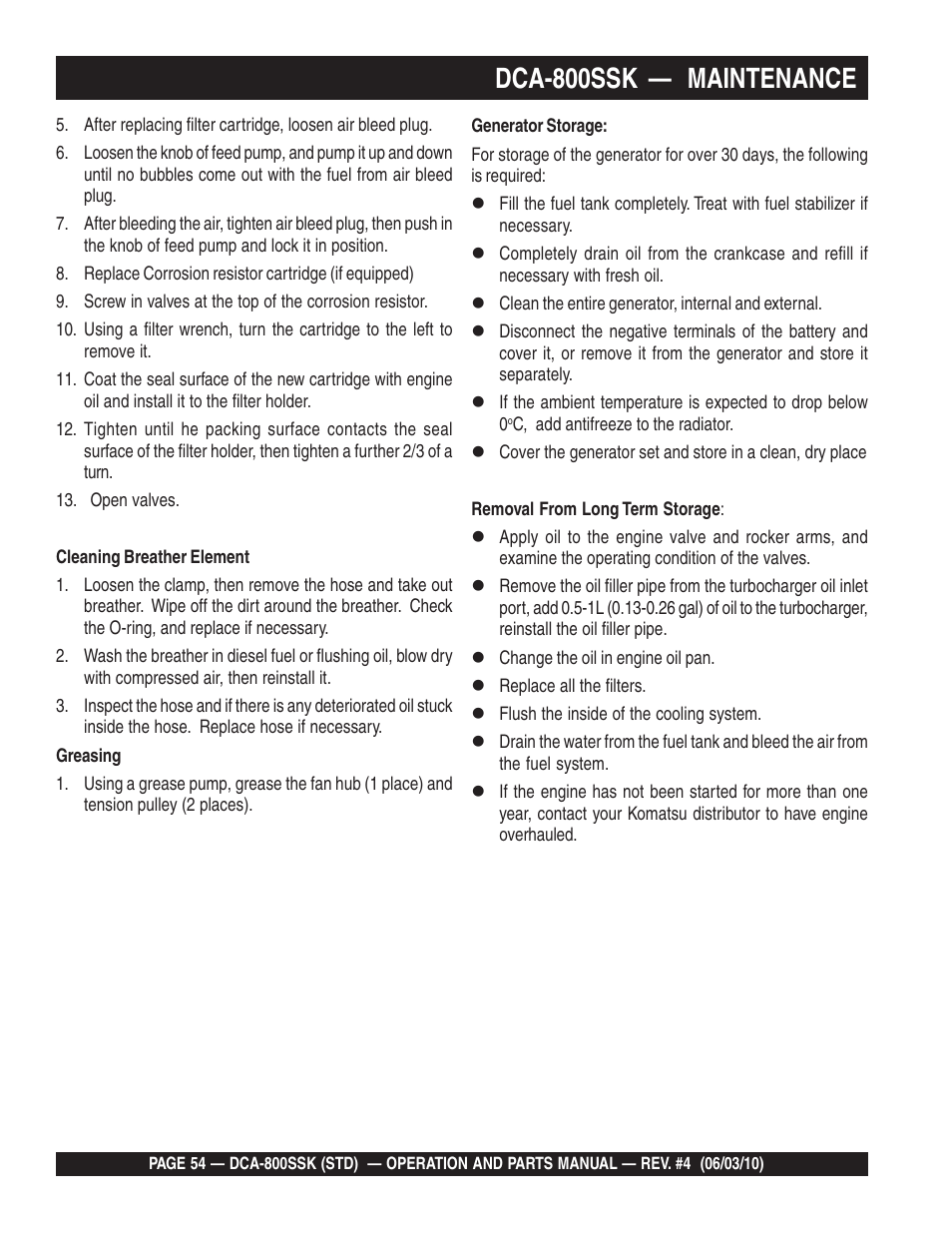 Dca-800ssk — maintenance | Multiquip Portabel Generator (Standard) DCA-800SSK User Manual | Page 54 / 120