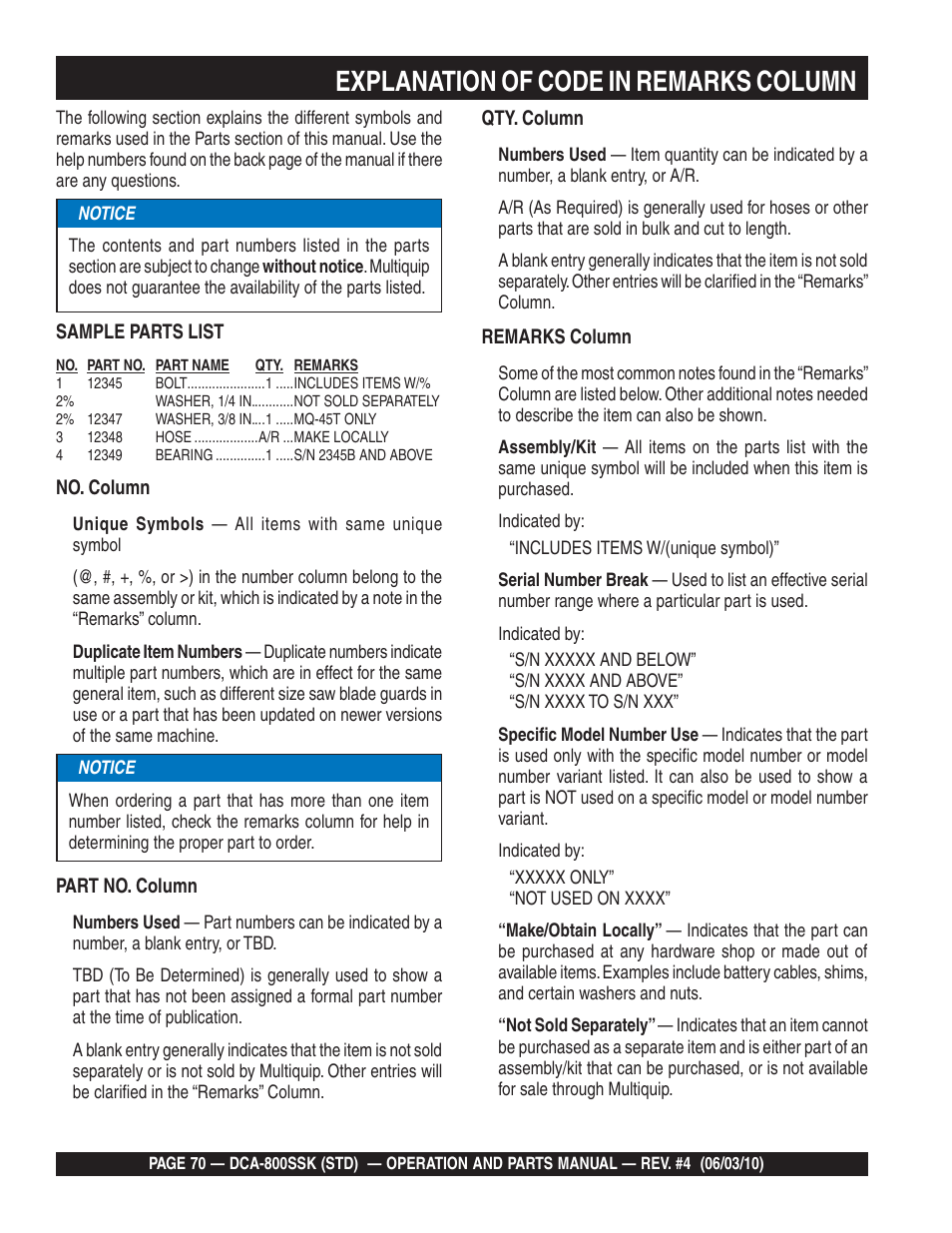 Explanation of code in remarks column | Multiquip Portabel Generator (Standard) DCA-800SSK User Manual | Page 70 / 120