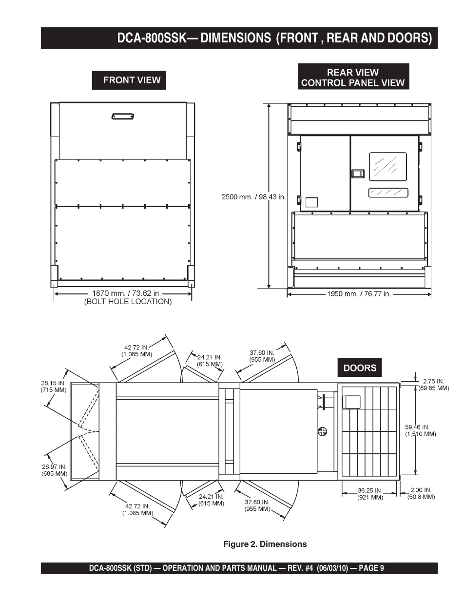 Dca-800ssk— dimensions (front , rear and doors) | Multiquip Portabel Generator (Standard) DCA-800SSK User Manual | Page 9 / 120