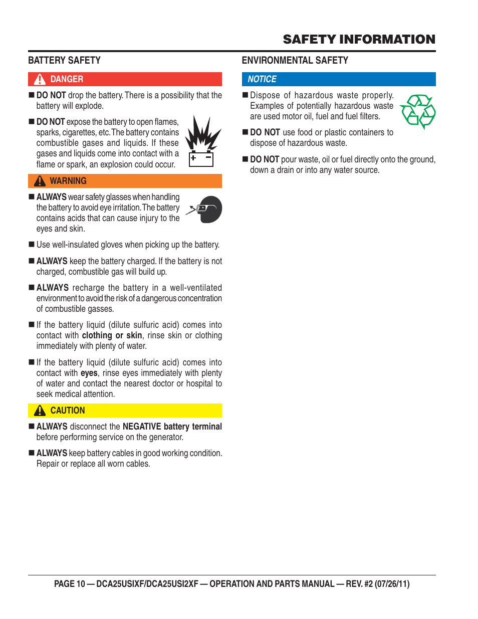 Safety information | Multiquip MQ Power 60 Hz Generator DCA25USI2XF User Manual | Page 10 / 98