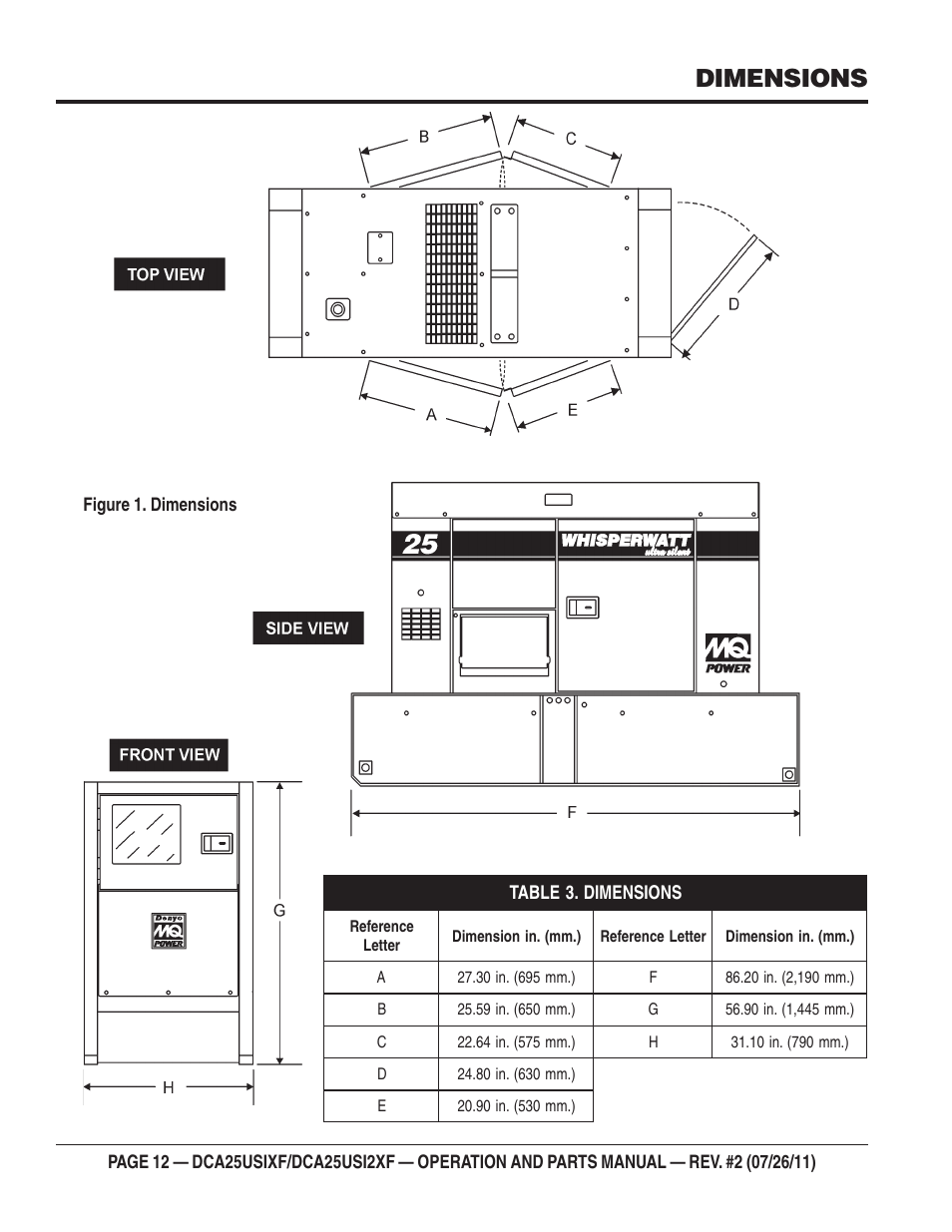 Dimensions | Multiquip MQ Power 60 Hz Generator DCA25USI2XF User Manual | Page 12 / 98