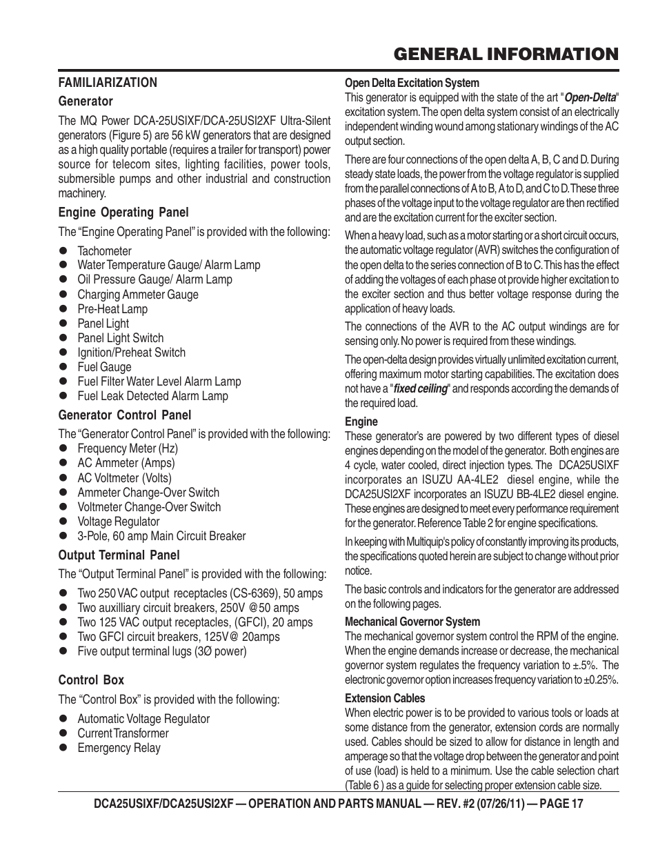 General information | Multiquip MQ Power 60 Hz Generator DCA25USI2XF User Manual | Page 17 / 98
