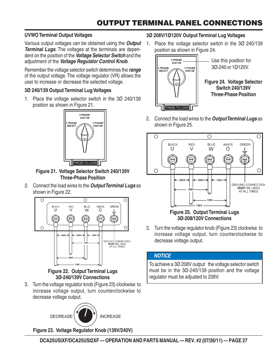 Output terminal panel connections | Multiquip MQ Power 60 Hz Generator DCA25USI2XF User Manual | Page 27 / 98