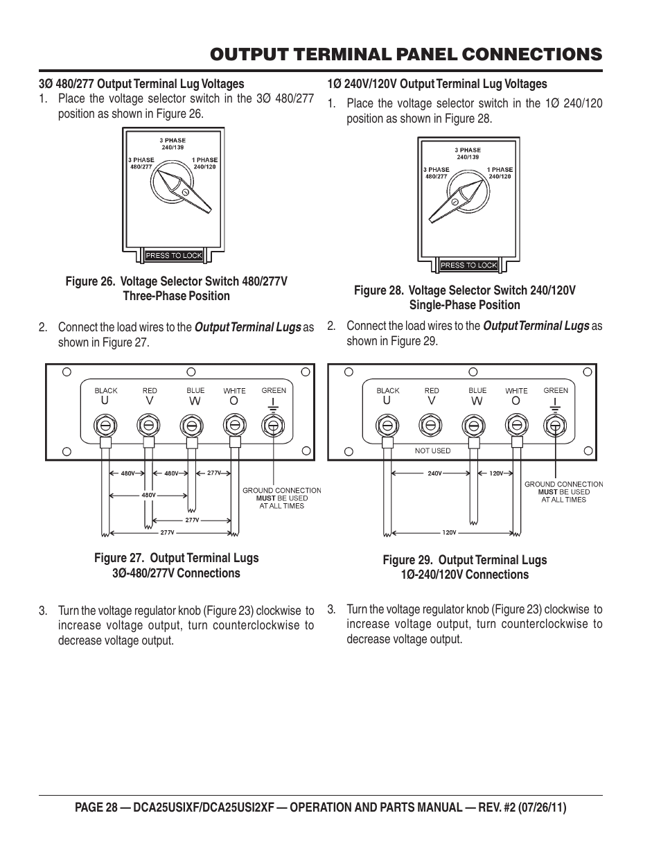 Output terminal panel connections | Multiquip MQ Power 60 Hz Generator DCA25USI2XF User Manual | Page 28 / 98