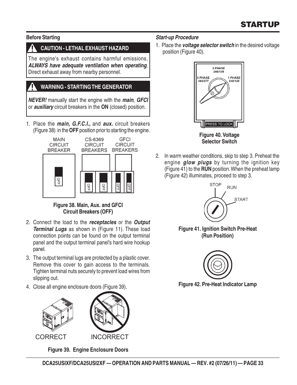 Startup | Multiquip MQ Power 60 Hz Generator DCA25USI2XF User Manual | Page 33 / 98