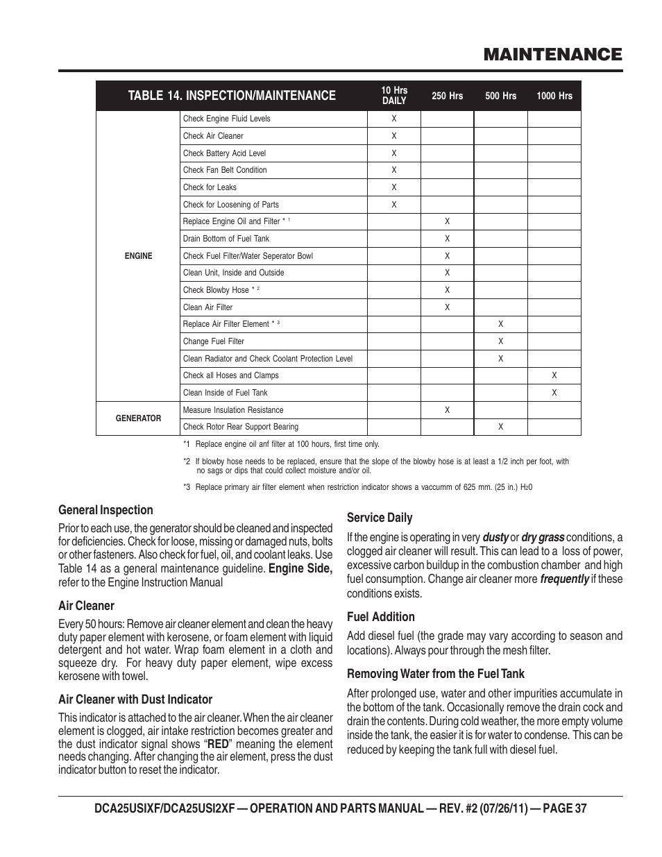 Maintenance, Service daily, Dusty | Dry grass, Frequently, Fuel addition, Removing water from the fuel tank, General inspection, Engine side, Air cleaner | Multiquip MQ Power 60 Hz Generator DCA25USI2XF User Manual | Page 37 / 98