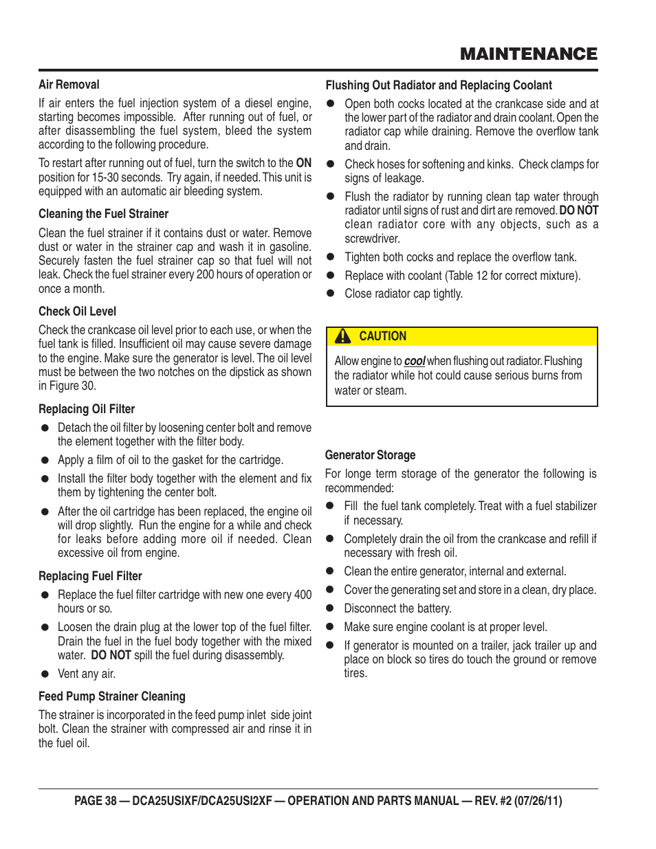Maintenance | Multiquip MQ Power 60 Hz Generator DCA25USI2XF User Manual | Page 38 / 98