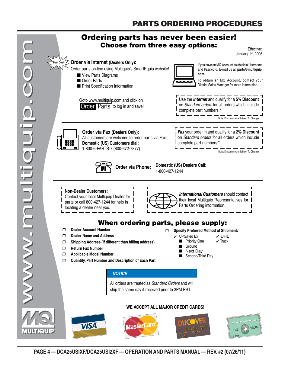 Parts ordering procedures, Ordering parts has never been easier, Choose from three easy options | When ordering parts, please supply, Order parts | Multiquip MQ Power 60 Hz Generator DCA25USI2XF User Manual | Page 4 / 98