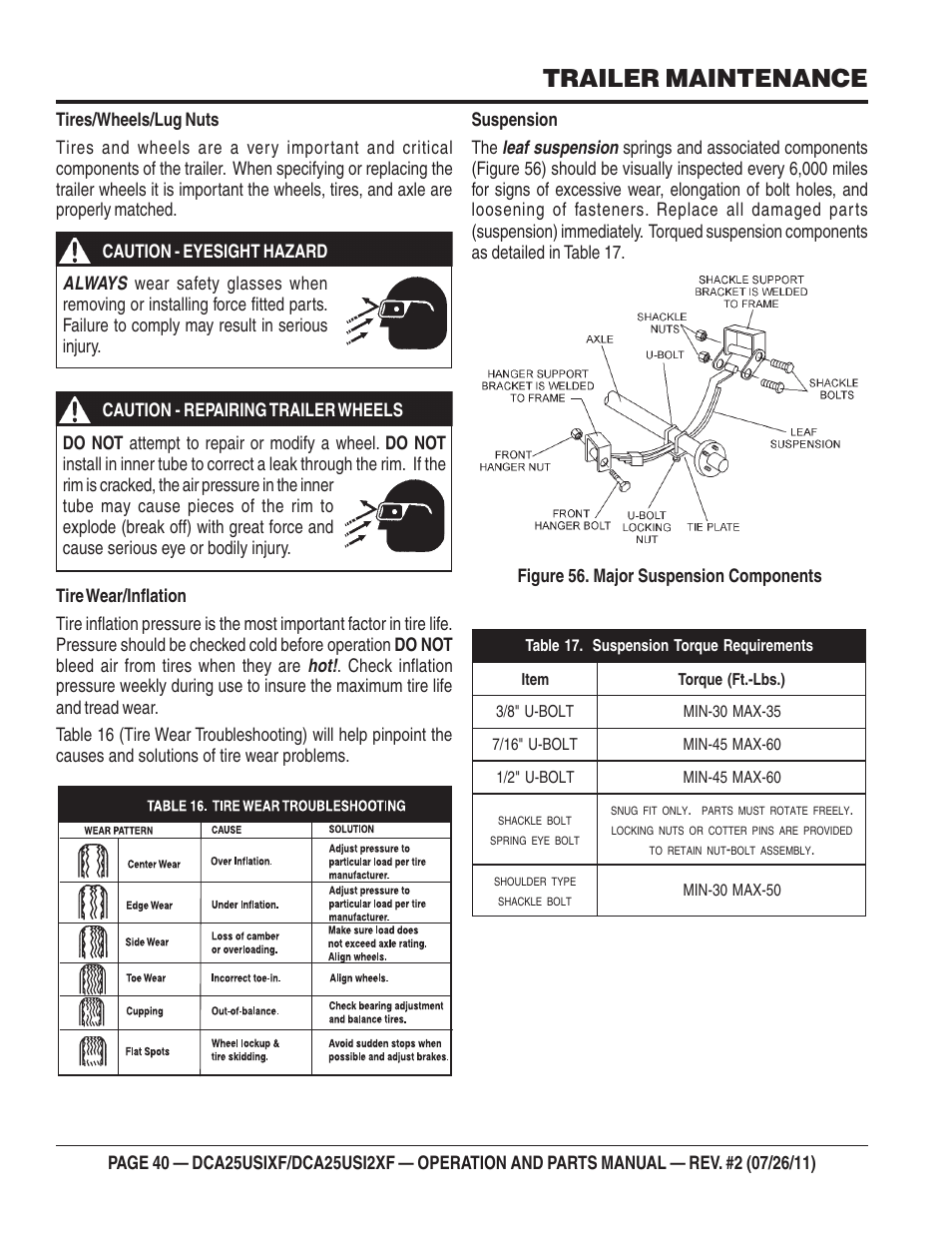Trailer maintenance | Multiquip MQ Power 60 Hz Generator DCA25USI2XF User Manual | Page 40 / 98
