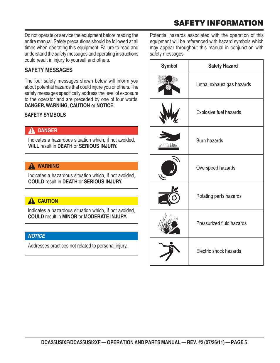 Safety information | Multiquip MQ Power 60 Hz Generator DCA25USI2XF User Manual | Page 5 / 98