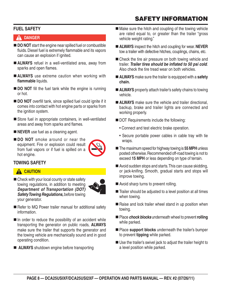 Safety information | Multiquip MQ Power 60 Hz Generator DCA25USI2XF User Manual | Page 8 / 98