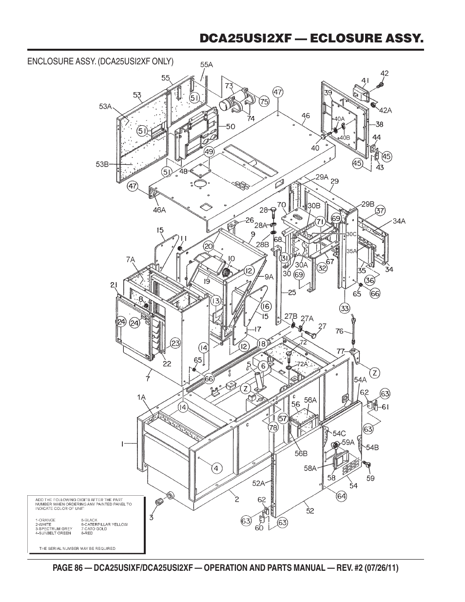 Dca25usi2xf — eclosure assy | Multiquip MQ Power 60 Hz Generator DCA25USI2XF User Manual | Page 86 / 98
