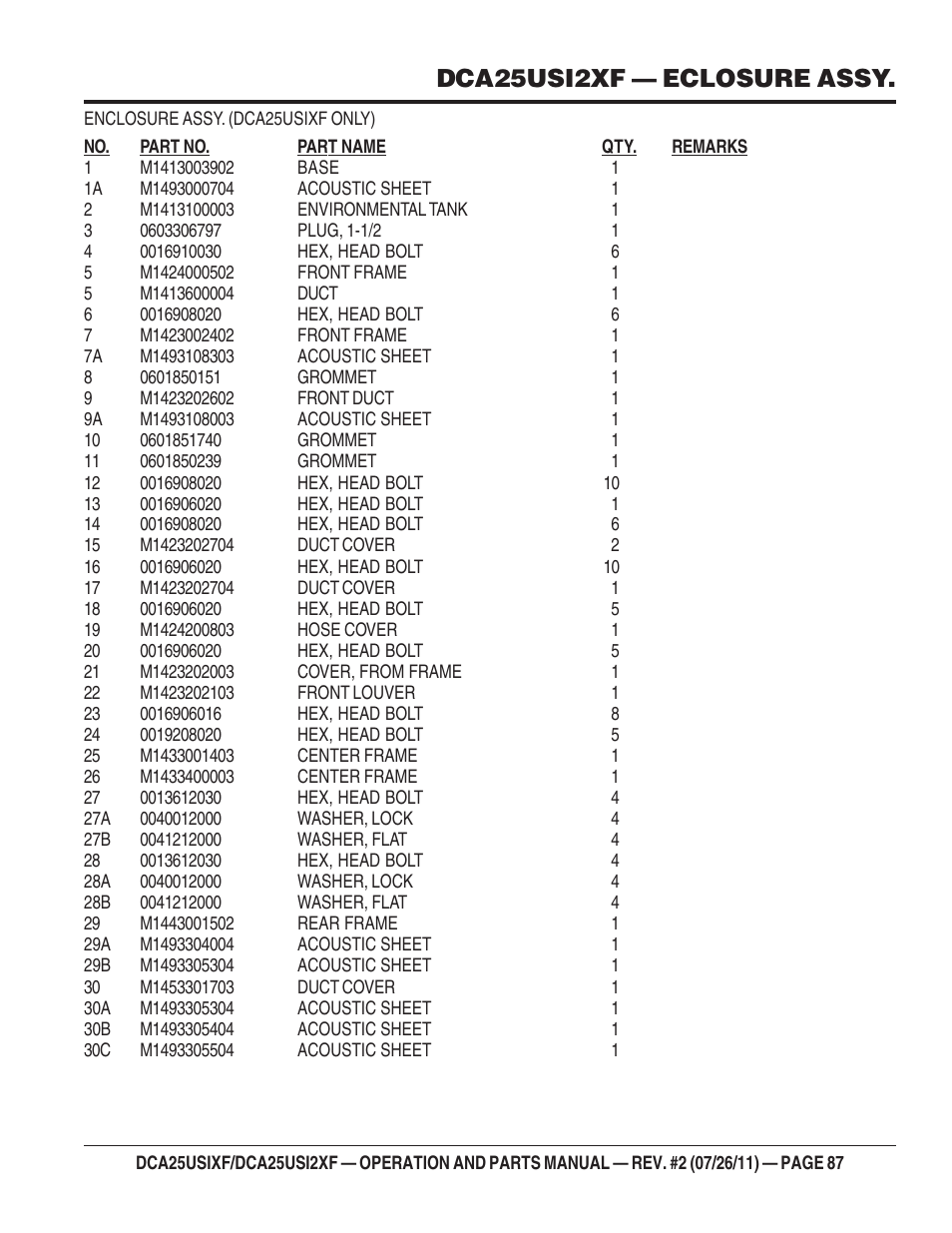 Dca25usi2xf — eclosure assy | Multiquip MQ Power 60 Hz Generator DCA25USI2XF User Manual | Page 87 / 98
