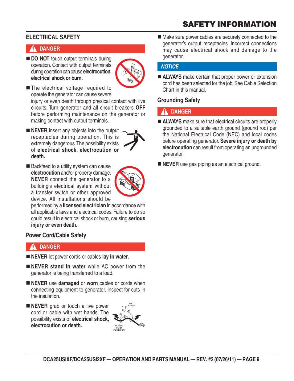 Safety information | Multiquip MQ Power 60 Hz Generator DCA25USI2XF User Manual | Page 9 / 98