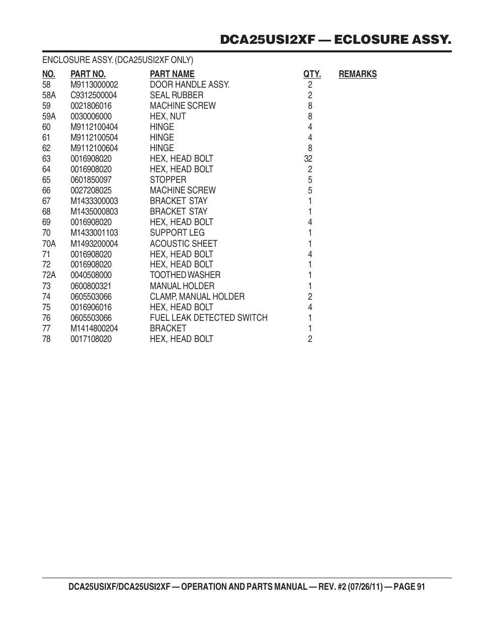 Dca-25usi2xf— enclosure assy. (continued), Dca25usi2xf — eclosure assy | Multiquip MQ Power 60 Hz Generator DCA25USI2XF User Manual | Page 91 / 98