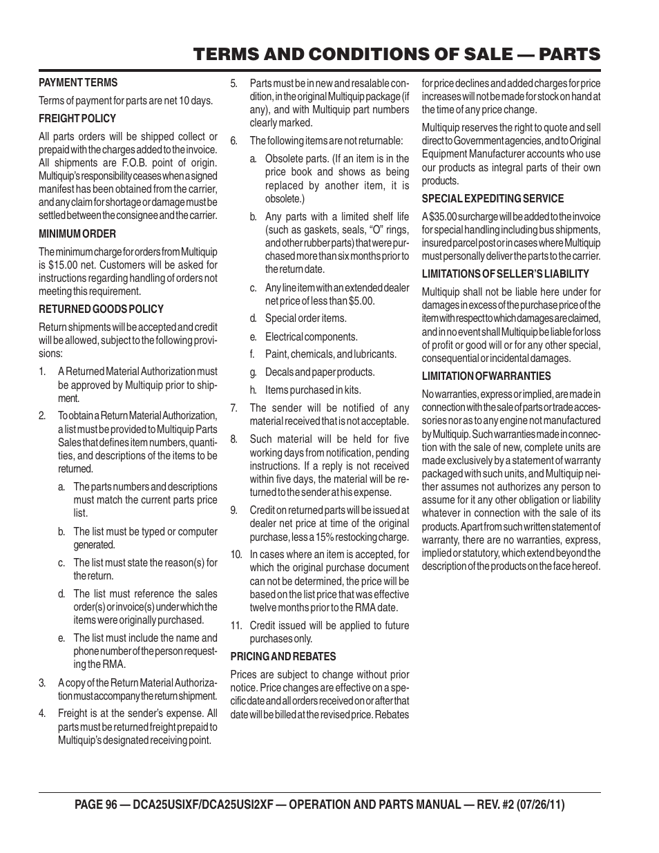 Terms and conditions of sale — parts | Multiquip MQ Power 60 Hz Generator DCA25USI2XF User Manual | Page 96 / 98