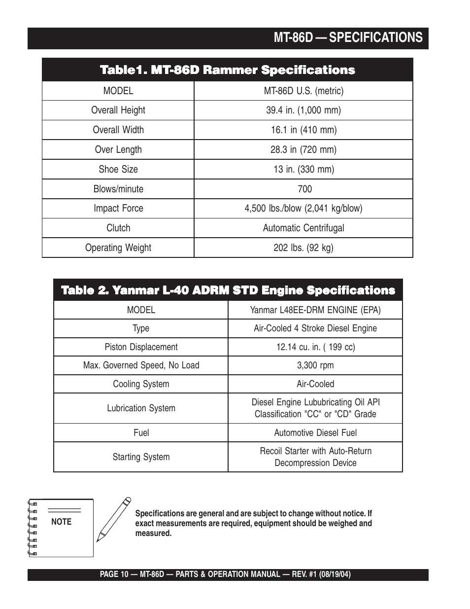 Mt-86d — specifications | Multiquip Tamping Rammer Mikasa MT-86D User Manual | Page 10 / 50