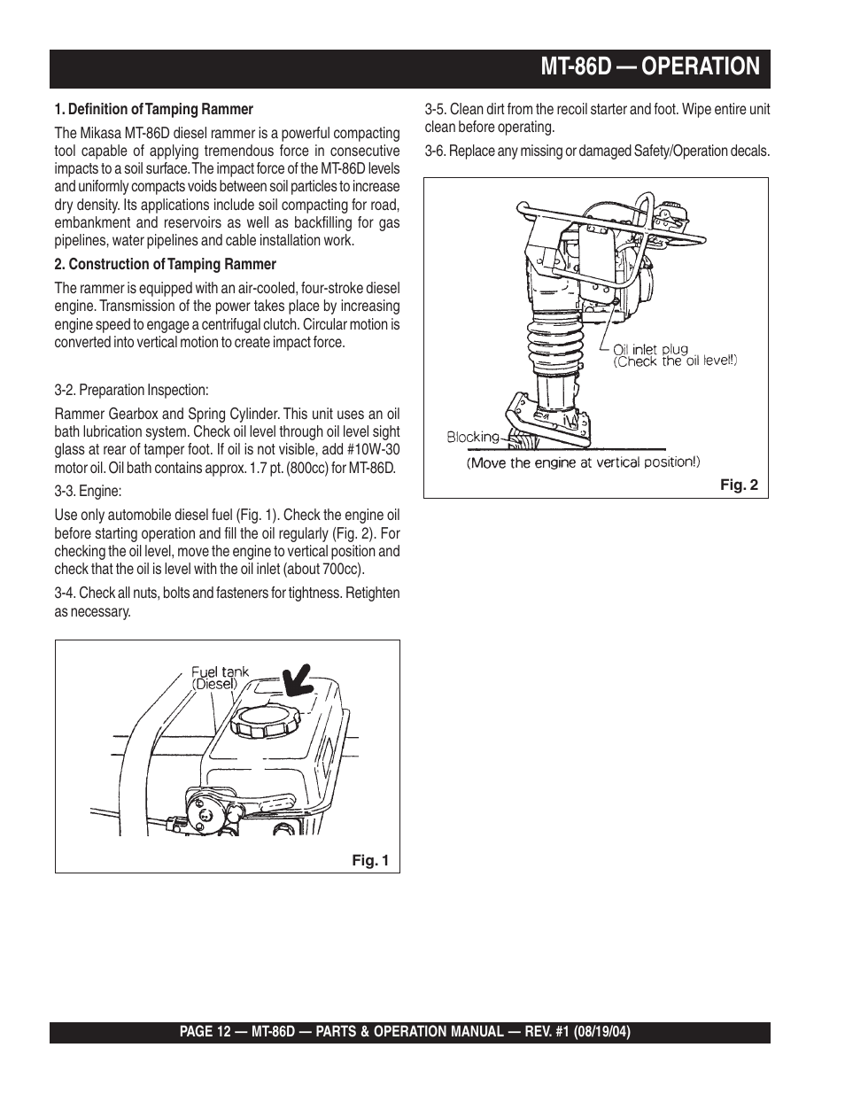 Mt-86d — operation | Multiquip Tamping Rammer Mikasa MT-86D User Manual | Page 12 / 50