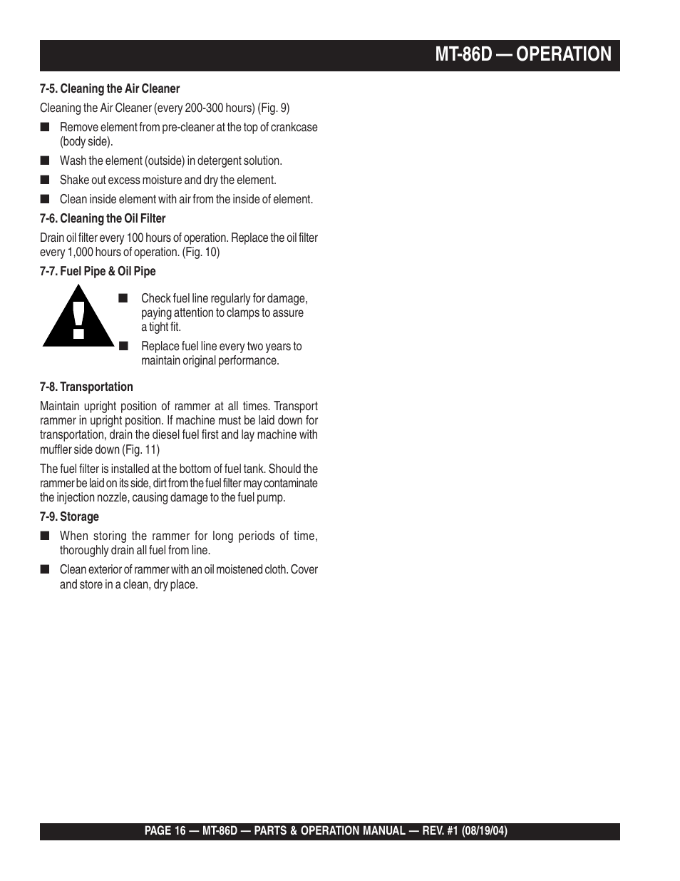 Mt-86d — operation | Multiquip Tamping Rammer Mikasa MT-86D User Manual | Page 16 / 50