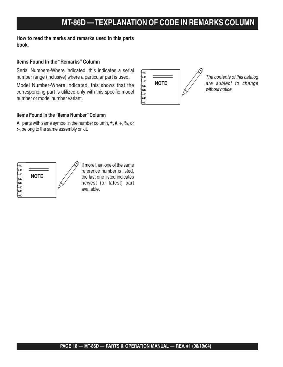 Mt-86d — texplanation of code in remarks column | Multiquip Tamping Rammer Mikasa MT-86D User Manual | Page 18 / 50