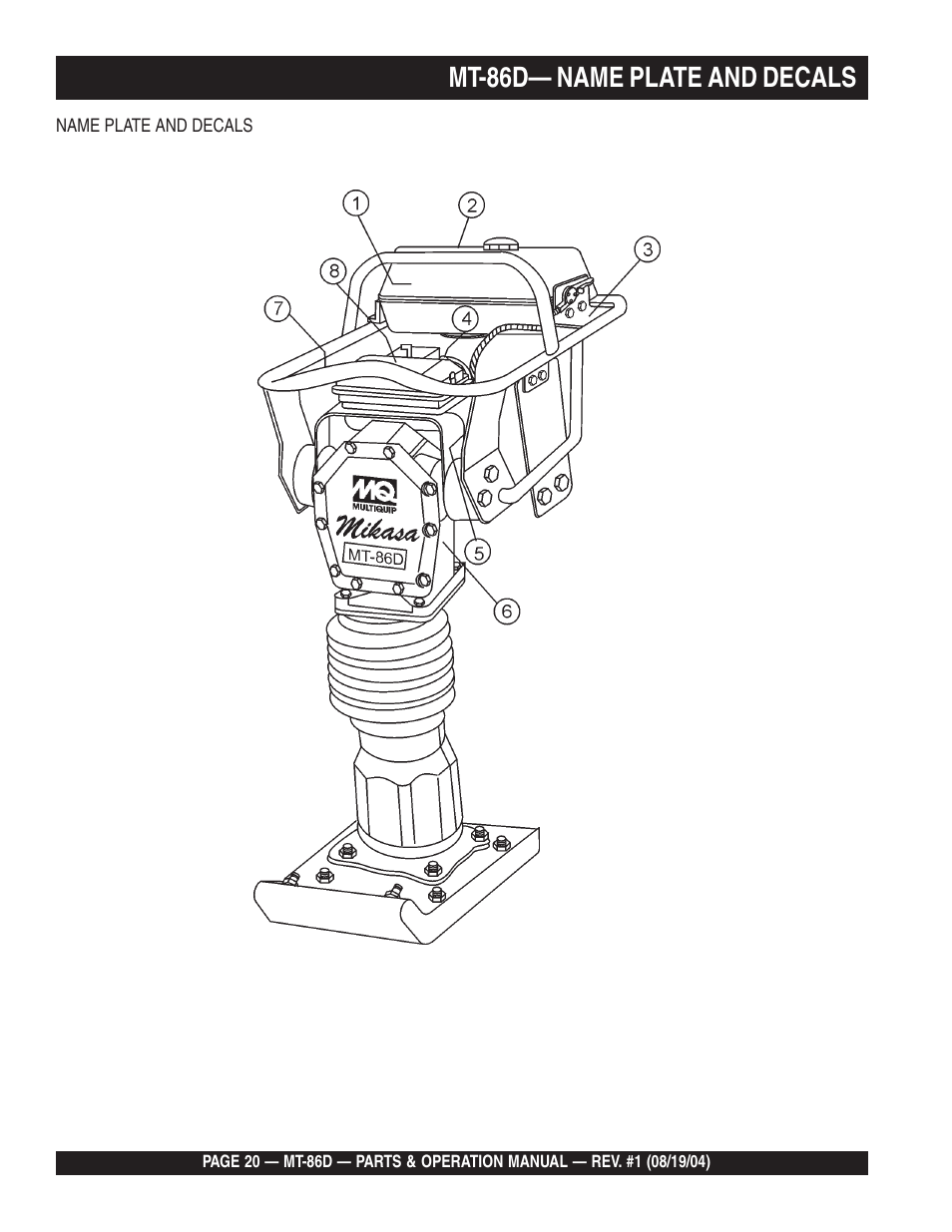 Mt-86d— name plate and decals | Multiquip Tamping Rammer Mikasa MT-86D User Manual | Page 20 / 50