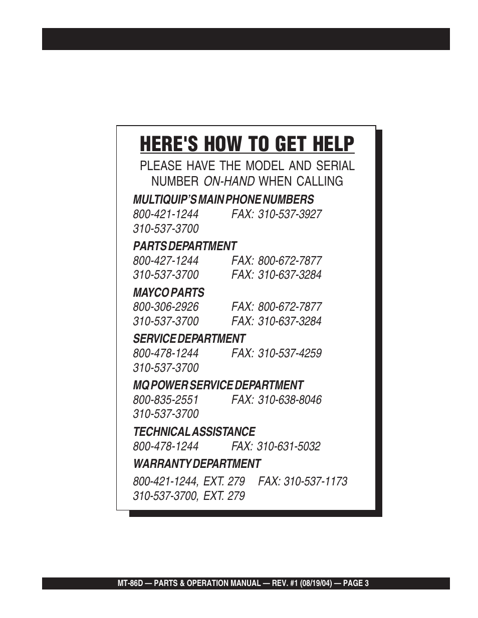 Here's how to get help | Multiquip Tamping Rammer Mikasa MT-86D User Manual | Page 3 / 50
