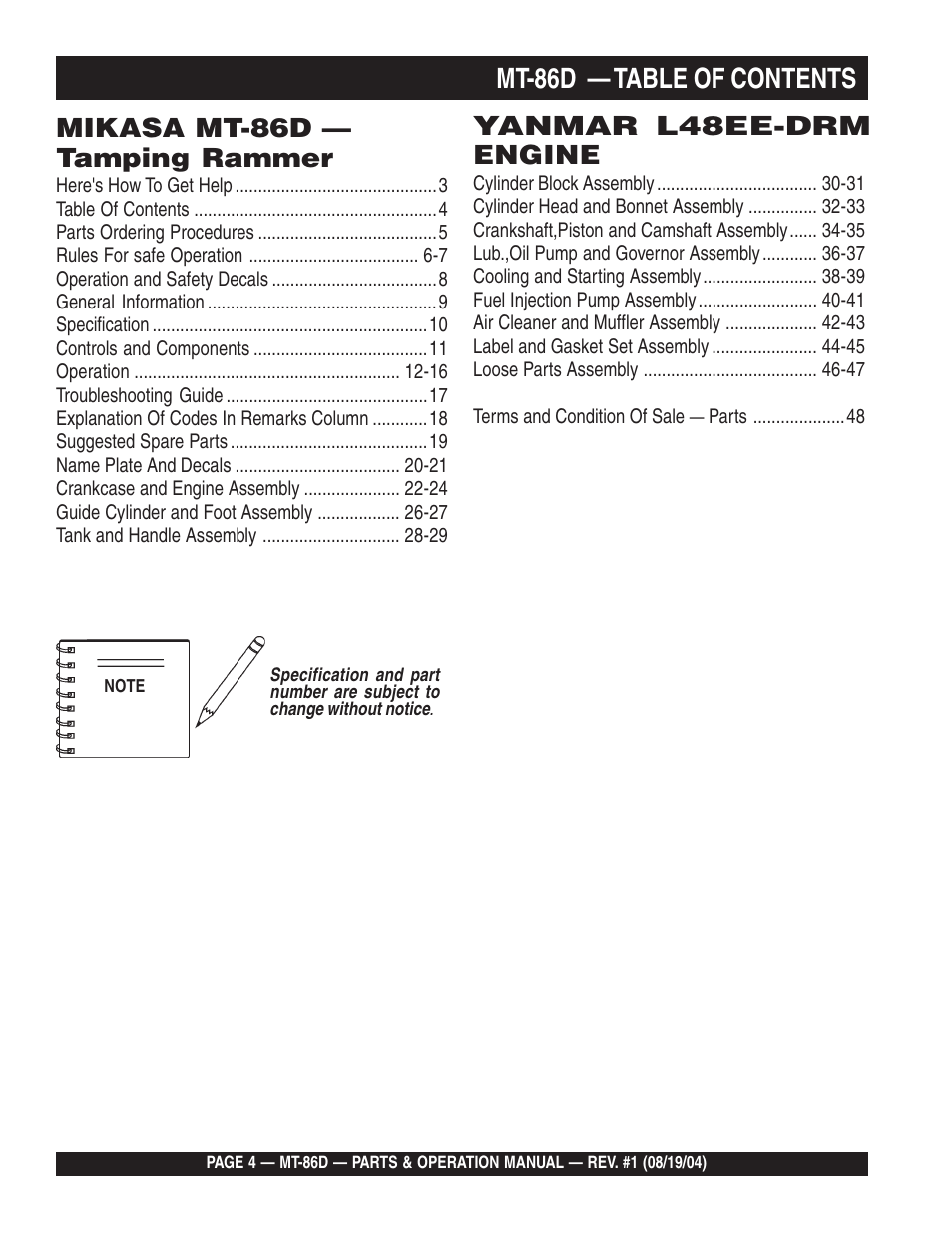 Mt-86d — table of contents, Yanmar l48ee-drm engine, Mikasa mt-86d — tamping rammer | Multiquip Tamping Rammer Mikasa MT-86D User Manual | Page 4 / 50