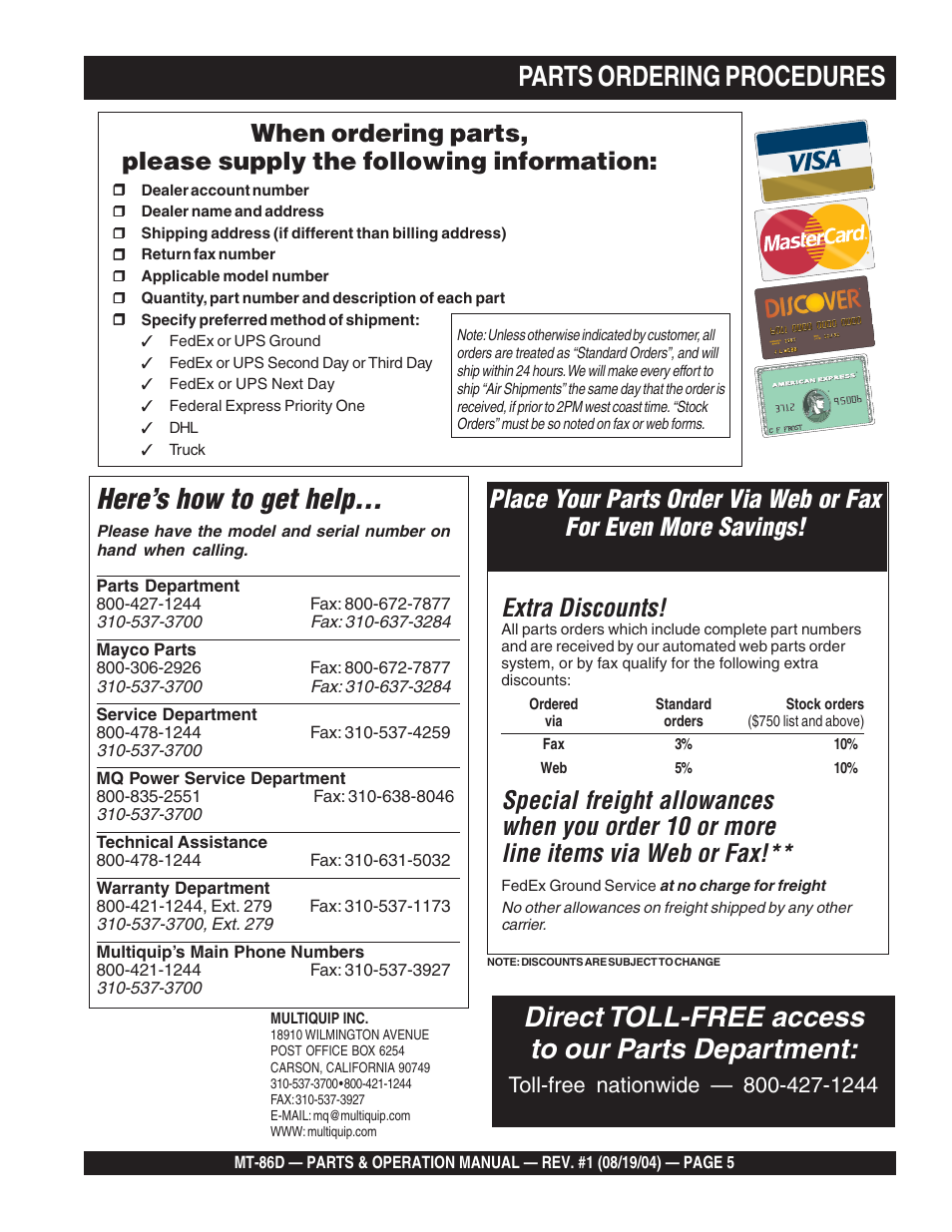 Parts ordering procedures, Here’s how to get help, Direct toll-free access to our parts department | Extra discounts | Multiquip Tamping Rammer Mikasa MT-86D User Manual | Page 5 / 50