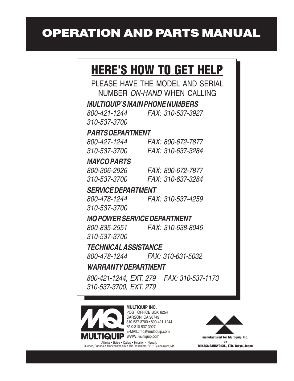 Here's how to get help, Operation and parts manual | Multiquip Tamping Rammer Mikasa MT-86D User Manual | Page 50 / 50