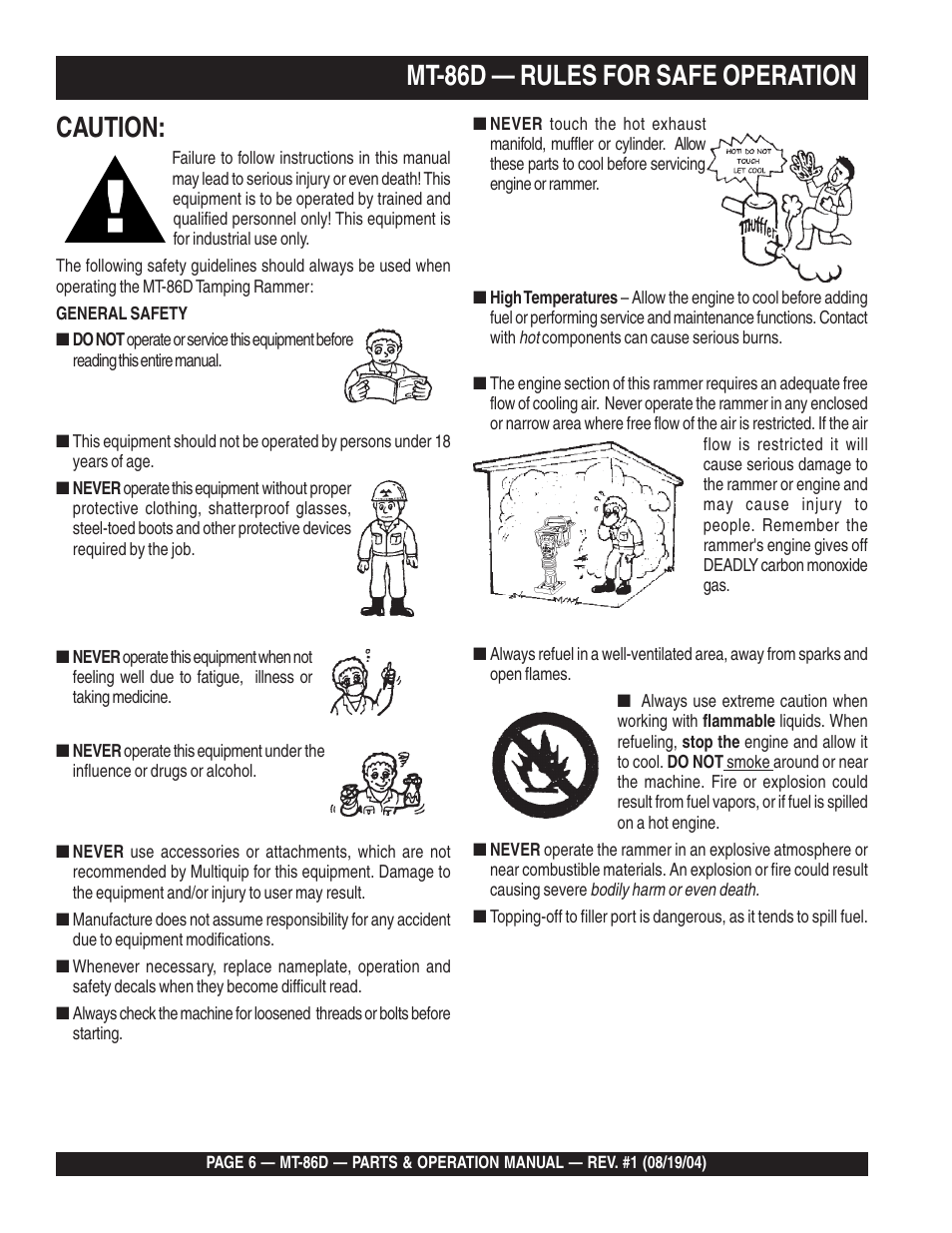 Caution, Mt-86d — rules for safe operation | Multiquip Tamping Rammer Mikasa MT-86D User Manual | Page 6 / 50