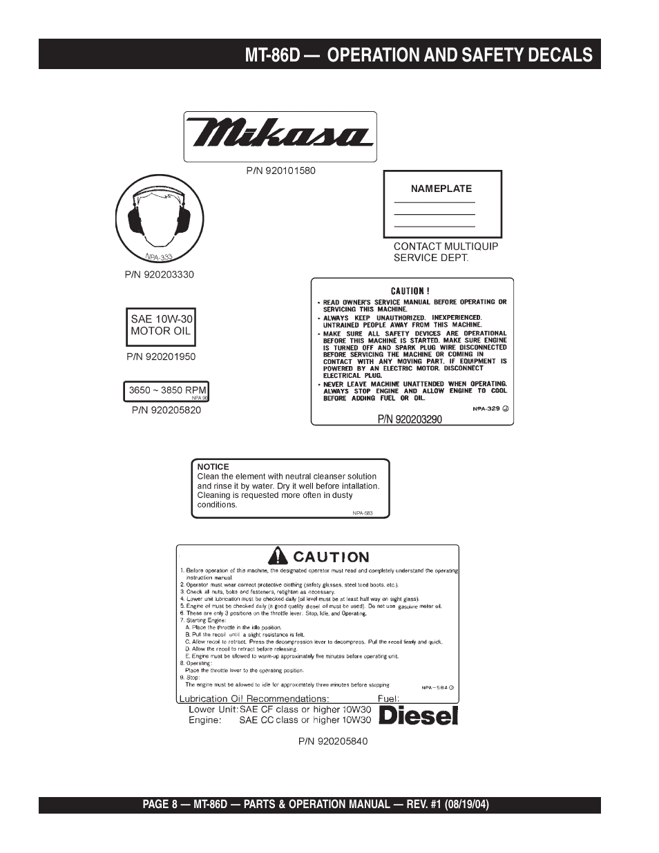 Mt-86d — operation and safety decals | Multiquip Tamping Rammer Mikasa MT-86D User Manual | Page 8 / 50