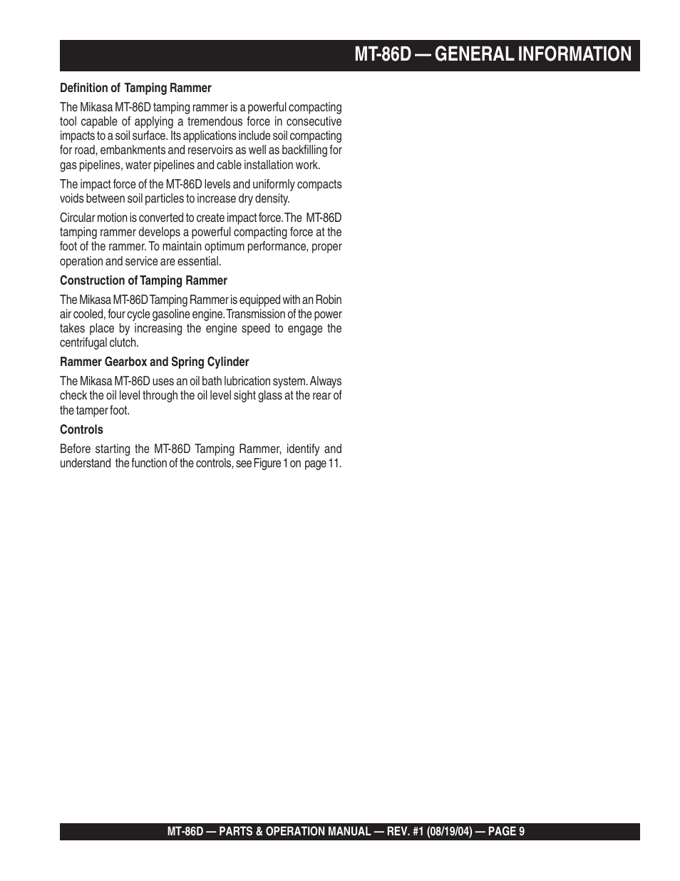 Mt-86d — general information | Multiquip Tamping Rammer Mikasa MT-86D User Manual | Page 9 / 50